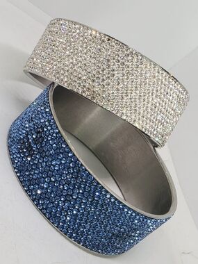 Vintage Wide Rhinestone Bangle Bracelet Pave Glam Statement Lot Of 2 Blue White